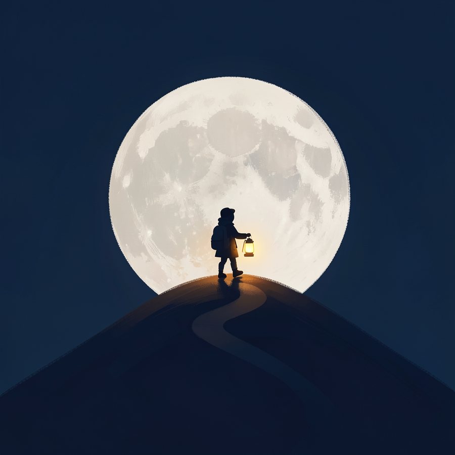 A traveler with a lantern walking up a hill toward a full moon